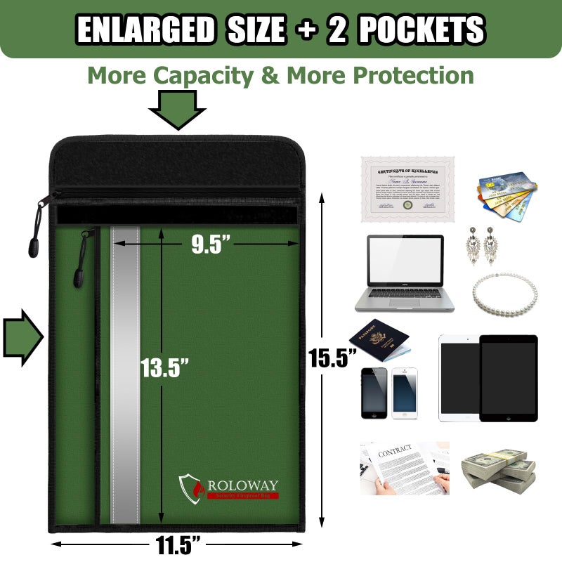 ROLOWAY Fireproof Document Bag (15.5 x 11.5 inch) with 2 Pockets and 5200? Aluminum Foil Layer  Fireproof Bag for Document Safe Fireproof Waterproof Document Bag  Fireproof Money Bag (Green) - Image 4